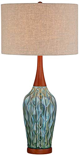 360 Lighting Rocco 30" Large Table Lamp Blue Ceramic Teal | Colors May Vary. Mid-Century High Handmade Mid Century Modern Cottage Wood Living Room Bedroom House Bedside Home Linen Drum - color: Blue Teal Ceramic