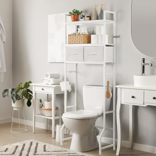 YBING Over The Toilet Storage Cabinet, Over Toilet Bathroom Organizer with Drawer, Roll Holder and Hooks, Bathroom Storage Cabinet, Wooden, White - color: Whtie