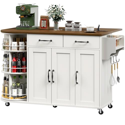 Kitchen Island with Power Outlet & Drop Leaf, Kitchen Rolling Island with Rotating Organizer, Kitchen Island Cart with Storage Cabinet, Mobile Island Table for Kitchen, White and Walnut - color: White + Walnut