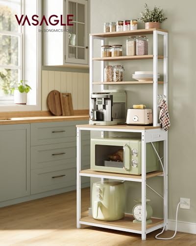 VASAGLE Bakers Rack with Power Outlet, 23.6 Inches Coffee Bar for Kitchen with Storage, 6-Tier Kitchen Shelves with 6 Hooks, Microwave Stand, Industrial, Golden Oak and Cloud White UKKS124Y03 - color: Golden Oak + Cloud White, size: 23.6"W, style: With Po