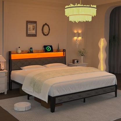 Winkalon Queen Bed Frame with Ergonomic Headboard, Platform Bed Frame with RGB Lights, Outlets & Charger, Fast Assembly Bed Queen Size, Modern Wood Upholstered Headboard,Gray - size: Queen