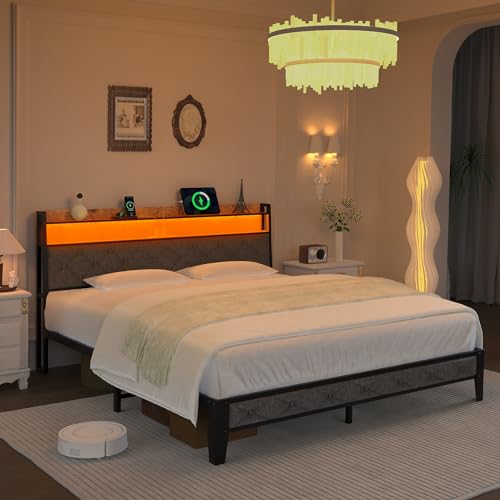 Winkalon Full Bed Frame with Ergonomic Headboard, Platform Bed Frame with RGB Lights, Outlets & Charger, Fast Assembly Bed Full Size, Modern Wood Upholstered Headboard,Gray - size: Full