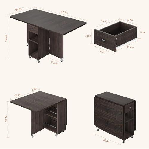 Jocoevol Space Saving Folding Dining Table for 4, Foldable Dining Table with Drawer and Storage Shelf, 6 Wheels Drop Leaf Kitchen Dining Room Table for Small Space (Walnut, 47.2" x 23.6" x 29.9") - color: Black Walnut