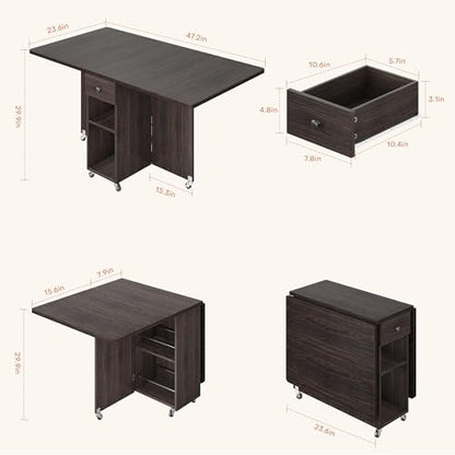 Jocoevol Space Saving Folding Dining Table for 4, Foldable Dining Table with Drawer and Storage Shelf, 6 Wheels Drop Leaf Kitchen Dining Room Table for Small Space (Walnut, 47.2" x 23.6" x 29.9") - color: Black Walnut