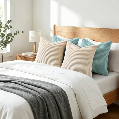Mecatny 코듀로이 장식용 쿠션 커버 40.6x40.6cm(16x16인치) 아쿠아 2개 | 부드러운 스트라이프 질감, 숨겨진 지퍼 디자인, 소파 소파 거실 침실, 홈 데코용 뉴트럴 보헤미안 스퀘어 베개 커버 - color: 아쿠아, size: 16" x 16" (Pack of 2)