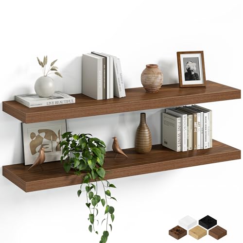 Fun Memories Floating Shelves for Wall, 36 Inch Long Set of 2 Rustic Wood Wall Shelves with Invisible Brackets, Heavy Duty Storage Display for Living Room Bedroom Kitchen, Walnut - color: Walnut Brown, size: 36"W x 6.5"D, Set of 2