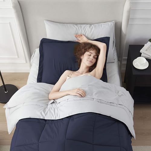 Nestl 5 Piece Twin XL Comforter Set – Navy Reversible Bed in a Bag – Complete Twin XL Size Bedding Set with Sheets, Pillowcase and Sham - color: Navy, size: Twin XL
