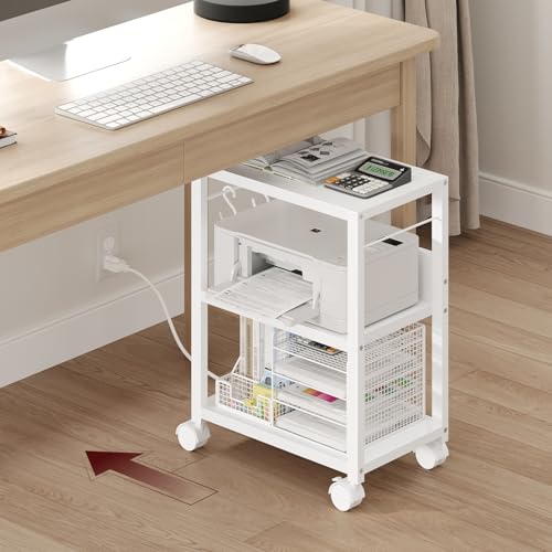 MAHANCRIS Industrial Printer Cart, 3-Tier Mobile Printer Stand, Rolling Cart with 2 AC Outlets and 2 USB Ports, Home Printer Stand with 2 Hooks, for Office, Living Room, White PTWT40E01 - color: White