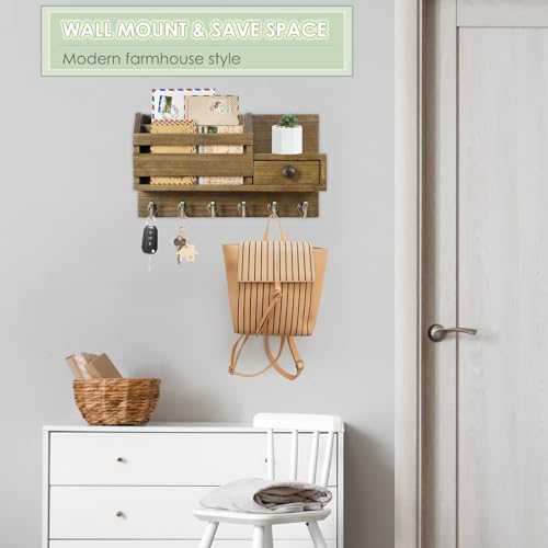 VIS'V Key Holder Wall Mount, Wooden Mail and Key Organizer, Brown | Contains Little Drawer, Small Shelf, 2 Slots, 6 Hooks, for Entryway, Hallway, Doorway, Kitchen, Garage, RV - color: Brown