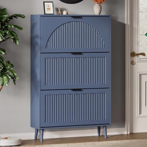Xixini Shoe Storage Cabinet with 3 Flip Drawers, 50" Tall Narrow Wood Fluted Shoe Organizer for Entryway, Freestanding Wooden Hidden Slim Shoe Rack for Front Door Entrance, Hallway, Foyer, Navy Blue - color: Navy Blue, size: 3 Flip Drawers