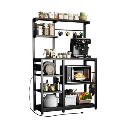 Bakers Rack with Power Outlet, 8-Tier Microwave Cart, Coffee Bar w/ 6 Hooks | 8-Tier Bakers Rack with Power Outlet, Coffee Bar Station & Microwave Cart, Metal Kitchen Storage Shelf with Wheels - color: Black