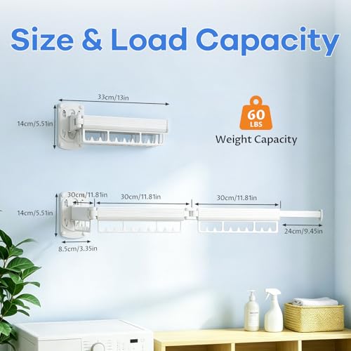 Foldable Wall Mounted Laundry Drying Rack, 3 Fold Retractable Clothes Drying Rack, Durable Clothing Hanger Rack for Laundry Room, Balcony, Bathroom (White) - color: White