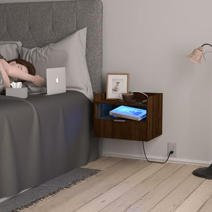 Veegle Floating Nightstand with Charging Station and LED Lights (Walnut Brown) - color: Walnut Brown