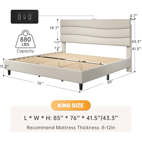 EnHomee King Size Bed with Upholstered Headboard & Charging Station | Adjustable height, Wave design, 2 USB & 1 Type-C ports, Under-bed storage, Noise-free, No box spring needed, Beige - color: Beige, size: King