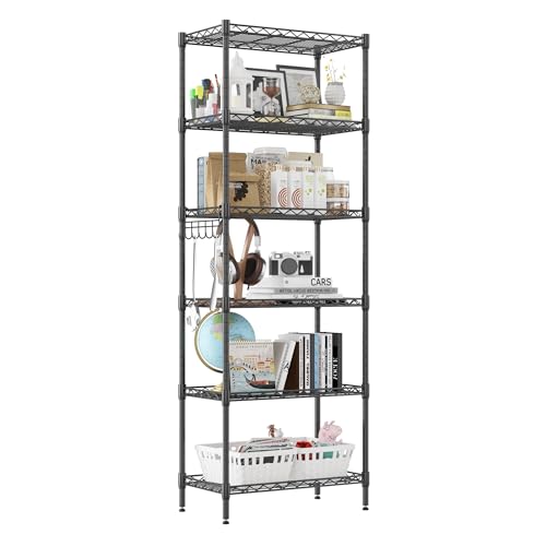 Homdox 6-Tier Storage Shelf Wire Shelving Unit Free Standing Rack Organization Adjustable Leveling Feet, Stainless Side Hooks, Black - color: Black, size: 21.26*11.42*62.99 inch