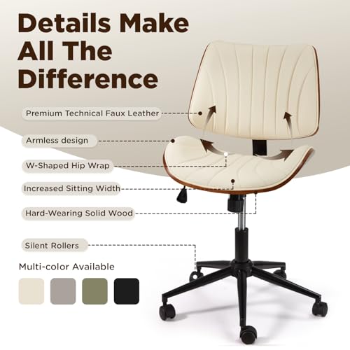 EROMMY Armless Office Desk Chair,Wooden Back Small Office Desk Chair No Arms Adjustable Height Modern Armless Chairs with Swivel Wheels for Small Spaces, Beige - color: Beige