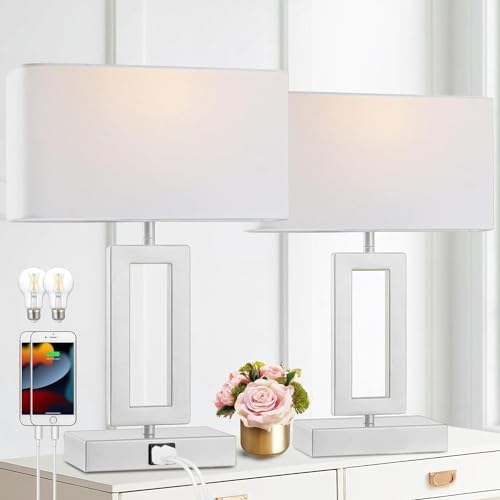 gernehop Silver Table Lamps Set of 2 with Dual USB Ports,3-Way Dimmable Touch Control Bedside Lamps,Modern Bedroom Table Lamp for Living Room,Nightstand LED Bulbs Included - color: 16Inch Silver