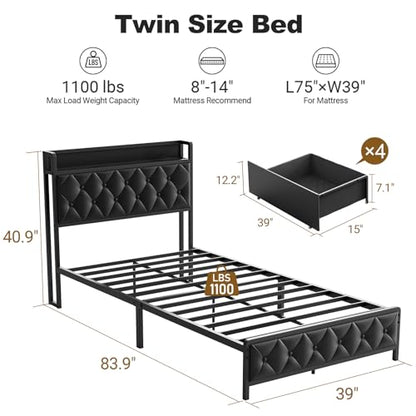 Twin Bed Frame with Button Headboard, PU Leather, All-Metal Support Platform LED Light Strip Twin Bed with Storage and Charge Station, Easy to Install, Stable, Noise-Free (Black) - color: Black