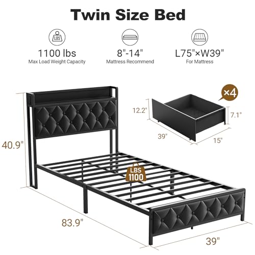 Twin Bed Frame with Button Headboard, PU Leather, All-Metal Support Platform LED Light Strip Twin Bed with Storage and Charge Station, Easy to Install, Stable, Noise-Free (Black) - color: Black