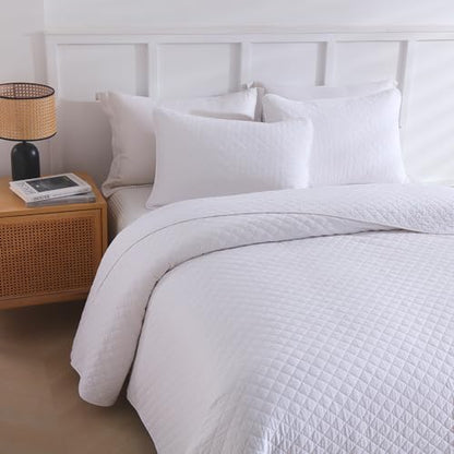 Wistown Cotton King Bedspread Quilt Bedding Set, White | 3 Pieces Reversible Lightweight Soft Coverlets Comforters, All Seasons, Diamond Stitching Pattern - color: White Diamond Pattern, size: King (98 by108inch)