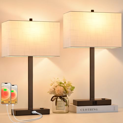 21" Touch Bedside lamps with 2 USB & AC Outlets, 3-Way Dimmable Bedside Table Lamps Set of 2 for Bedroom Living Room Office Reading, White Shade Lamps for Night Stands, 2700K LED Bulbs Included - color: (2 Pack)White Linen & Brown (Base)-2700K Bulbs Inclu