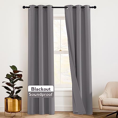 RYB HOME Thermal Insulated Soundproof Curtains, 3 Layers 100% Blackout | Noise Cancelling, Thermal Insulated, With Detachable Felt Liner, For Bedroom Theater Playroom, W42 x L84, Grey, 2 Panels - color: Grey, size: 42"W x 84"L (Pack of 2)