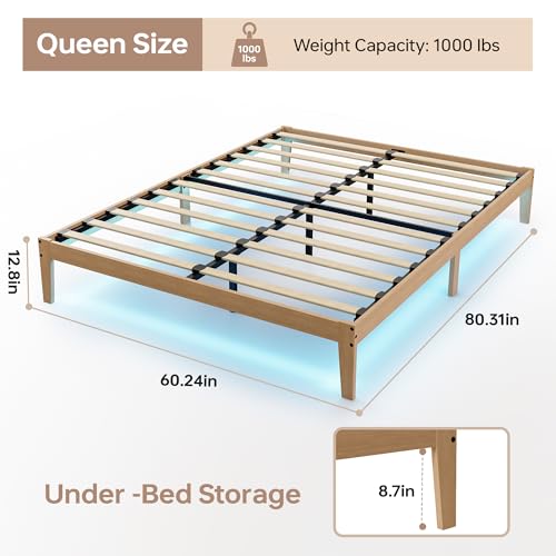 Queen Size Wood Bed Frame with LED Lights, 12 Inch Solid Wood Platform Bed | Natural Finish Platform Bed with Wooden Slats Support, 8.7-inch Under Bed Space, No Box Spring, Noise Free, Easy Assembly - size: Queen (U.S. Standard)