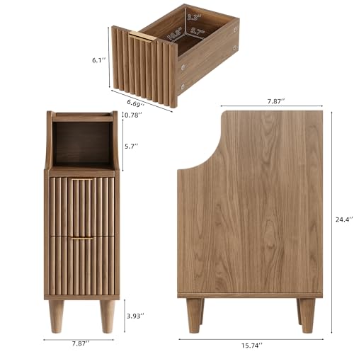 Fluted Nightstands Set of 2,Narrow Bedside Table with 2 Drawers & Storage, Farmhouse Walnut End Table Modern Side Table for Bedroom Livingroom Sofa Office - color: Walnut,7.9" With 2 Drawers