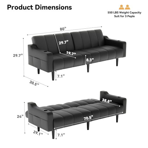 80'' Futon Sofa Bed,Faux Leather Futon Sleeper Sofa, Convertible Loveseat with Adjustable Sofa Backrest,Modern Couches for Living Room, Bedroom, Apartment, Office (Black) - color: Faux Leather Black