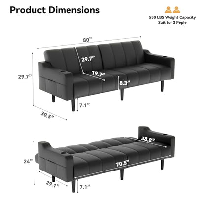 80'' Futon Sofa Bed,Faux Leather Futon Sleeper Sofa, Convertible Loveseat with Adjustable Sofa Backrest,Modern Couches for Living Room, Bedroom, Apartment, Office (Black) - color: Faux Leather Black