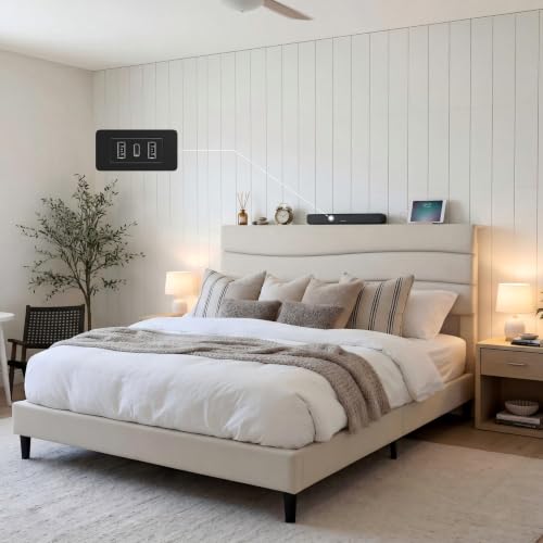 EnHomee Queen Size Bed Frame with Upholstered Headboard & Charging Station | Adjustable height, Wave design, 2 USB & 1 Type-C ports, Under-bed storage, Noise-free, No box spring needed, Beige - color: Beige, size: Queen