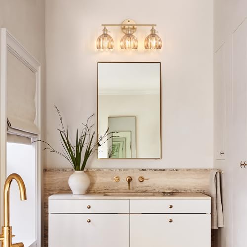 Shenmoyl Bathroom Light Fixtures, 3-Light Brass Vanity wall Light Over Mirror with Amber Tulip Glass Shade for Bedroom Living Room (Bulb Not Included) - color: Yellow Gold Base-Amber, size: 3-light