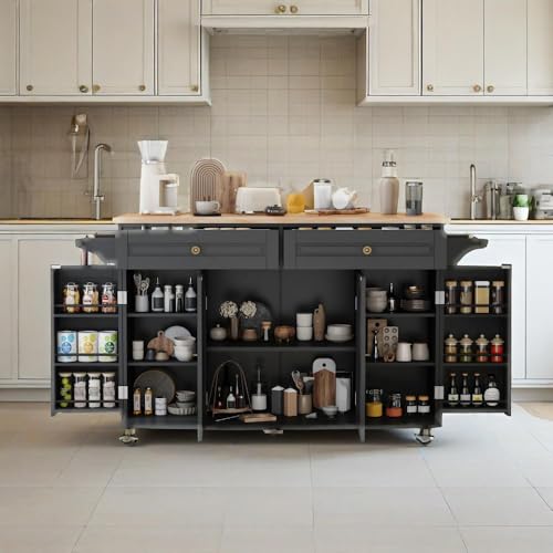 Kitchen Island Cart with Storage on Wheels, 59" Large Rolling Kitchen Island with Drop Leaf, Mobile Island for Kitchen with Towel Rack, Drawers for Dining Room, Black - size: 59.3" W, style: Black