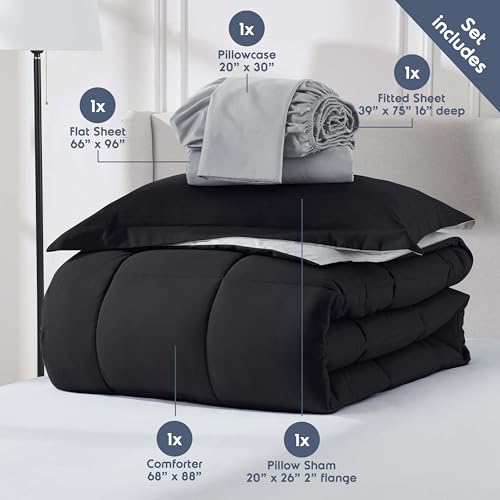 Nestl 5 Piece Twin Comforter Set – Black Reversible Bed in a Bag – Complete Twin Size Bedding Set with Sheets, Pillowcase and Sham - color: Black, size: Twin