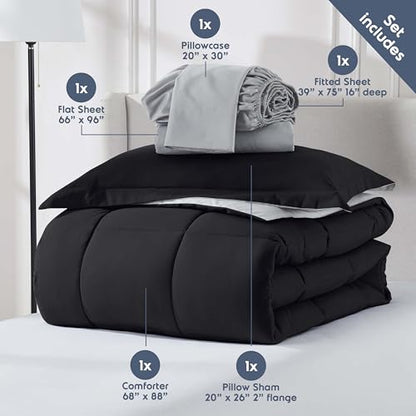 Nestl 5 Piece Twin Comforter Set – Black Reversible Bed in a Bag – Complete Twin Size Bedding Set with Sheets, Pillowcase and Sham - color: Black, size: Twin