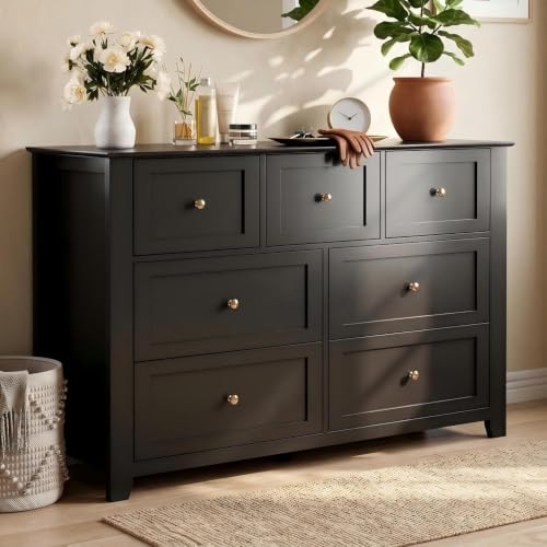 Garvee Black 7-Drawer Dresser for Bedroom, 54" Entryway Storage Organizer | Modern Lacquered Chest of Drawers for Bedroom, 15.8"D x 54"W x 31.5"H, MDF - color: Black, size: 15.8"D x 54"W x 31.5"H (7 Drawers)
