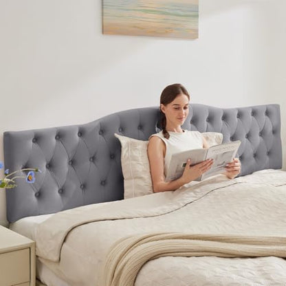 Iroomy Upholstered King Headboard, Button Diamond Tufted Headboard with Adjustable Height and Solid Wood Leg, Velvet Padded Headboards for King Size Bed, Modern Head Board (Grey) - color: Grey-velvet, size: King
