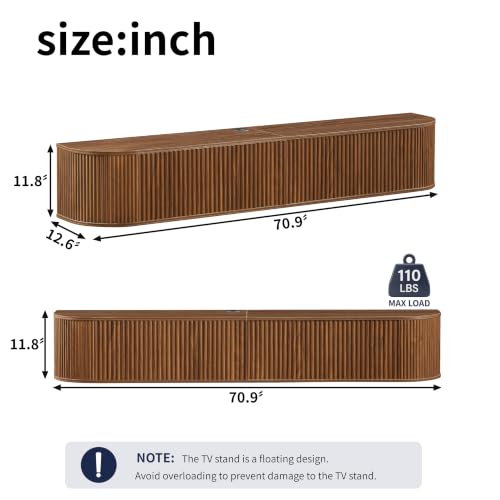 LUMISOL 71” Wall Mounted Floating TV Cabinet with Fluted Doors, Media Console with Cable Management Holes for Living Room, Bedroom, Walnut - size: 70.87"L x 12.6"W x 11.81"H