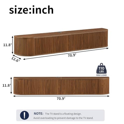 LUMISOL 71” Wall Mounted Floating TV Cabinet with Fluted Doors, Media Console with Cable Management Holes for Living Room, Bedroom, Walnut - size: 70.87"L x 12.6"W x 11.81"H