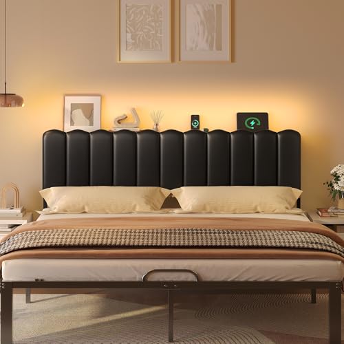 King LED Light Headboard with Storage Shelf, Black | RGB LED 20 colors 21 modes, remote control, scalloped tufted, USB-A & Type-C ports, storage shelf, adjustable, foam padded - color: Black, size: King