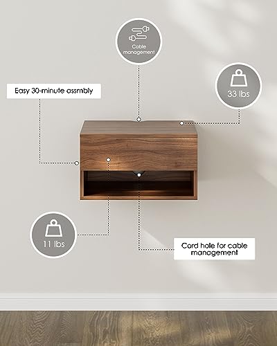 Modern Walnut Floating Nightstand with Drawer, Small Wall Mount Shelves | Small Space Saver, Modern Minimalist Design, Wall Mounted Shelves, for Bedroom, Bathroom, Living room, Easy Assembly, Walnut - color: Brown Walnut