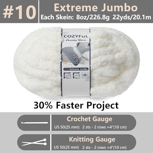 Cozyful Chunky Yarn for Hand Knitting - #10 Chunky Chenille Yarn, Jumbo Big Thick Chunky Yarns for Crocheting, Super Bulky Chunky Knit Blanket Yarns, 8 Skein (22 yds 8 oz Each Skein), Cream - color: Cream