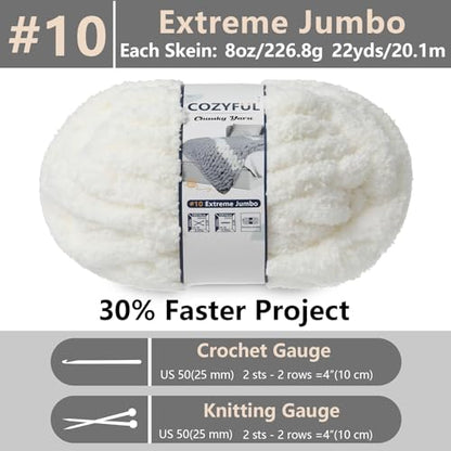 Cozyful Chunky Yarn for Hand Knitting - #10 Chunky Chenille Yarn, Jumbo Big Thick Chunky Yarns for Crocheting, Super Bulky Chunky Knit Blanket Yarns, 8 Skein (22 yds 8 oz Each Skein), Cream - color: Cream