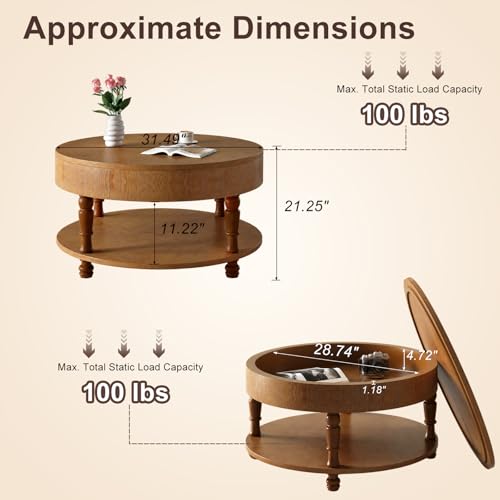 TIANG Tool-Free Flip Top Solid Wood Round Coffee Table with Hidden Storage | 31.5" Modern Center Table for Living Room, Adjustable Silent Footpads,Sturdy Holds up to 100 lbs,Classic 2-Tier Design - color: Antique Brown