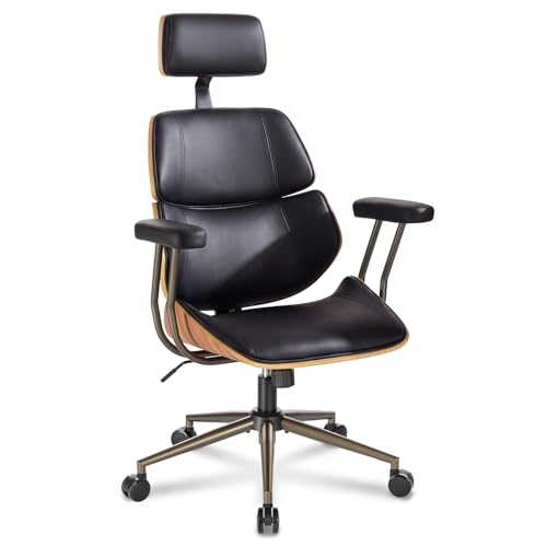 Mid Century Walnut PU Leather High Back Office Chair with Headrest, Black | Curved walnut back & seat, high-back with headrest, PU leather, padded armrests, executive swivel & rolling for home office - color: Black, size: 2-Section Back / Headrest