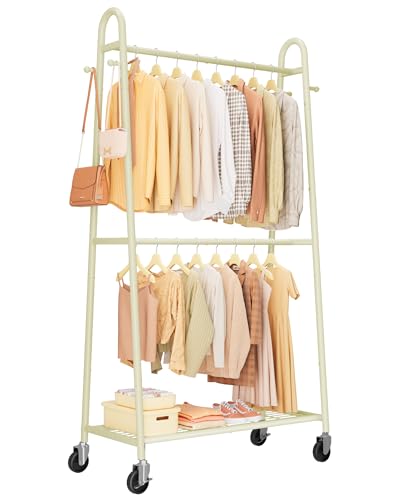 Sakugi Clothes Rack 36.5" x16.9" x72.8" Beige Double Rod Mesh Shelf | Heavy Duty,Bedroom, Closet, Triangular Design, Freestanding, Metal Construction - color: Beige