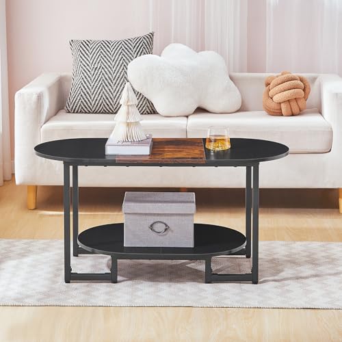 HOOBRO Coffee Table for Living Room, Oval Small Coffee Table with 2-Tier Open Storage Shelf, Industrial Cocktail Tea Table, Wooden Desktop Center Table, Home Office, Rustic Brown and Black BFK09KF01 - color: Rustic Brown and Black