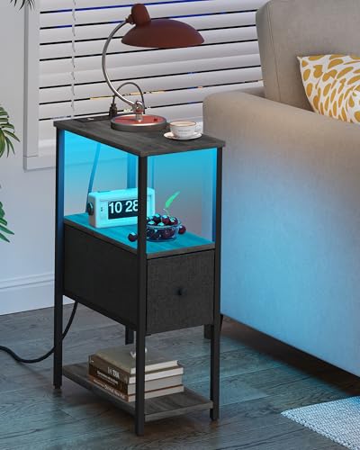 TUTOTAK Small Narrow LED End Table with Charging Station, Set of 2 | Side Table with Outlets, Nightstand with Cloth Drawer, Couch Table for Living Room, Bedroom, Charcoal Grey TB01BY059 - color: Charcoal Grey, style: 1 Drawer with Plug & Light