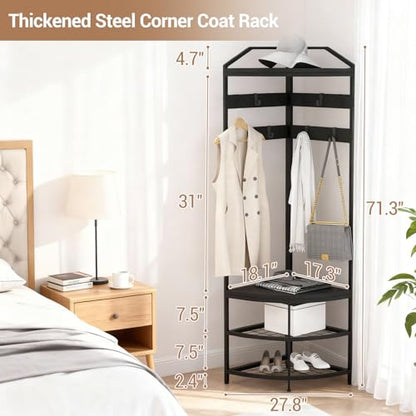 GarveeHome Corner Coat Rack, Coat Rack with 4 Shelves, Shoe and Coats Racks for Entryway, Heavy Duty Coats Racks with 6 Movable Hooks, Entryway Hall Tree for Hallway Bedroom and Office Black