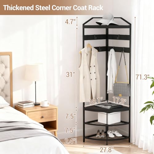GarveeHome Corner Coat Rack, Coat Rack with 4 Shelves, Shoe and Coats Racks for Entryway, Heavy Duty Coats Racks with 6 Movable Hooks, Entryway Hall Tree for Hallway Bedroom and Office Black